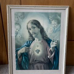 Vintage Framed Devotional Print of the Sacred Heart of Jesus