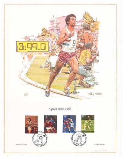 1980 Great Britain Limited Edition Lithographed Print measuring 333mm X 257mm showing Sport Centenaries Commemorative stamps with First Day of Issue Cancel
