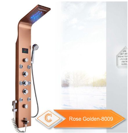 BRAND NEW Rose Golden 8009 LED Light Shower Faucet Bathroom Waterfall Rain Black Shower Panel In Wall Shower System with Spa Massage Sprayer and Bidet Tap
