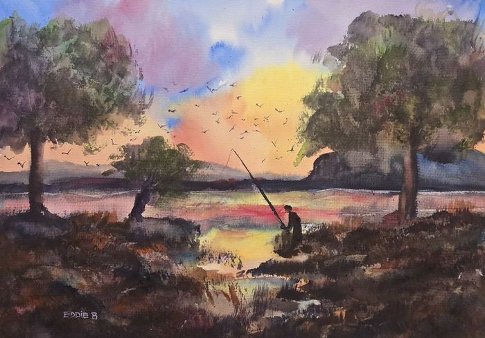 fishing "one more cast" watercolour