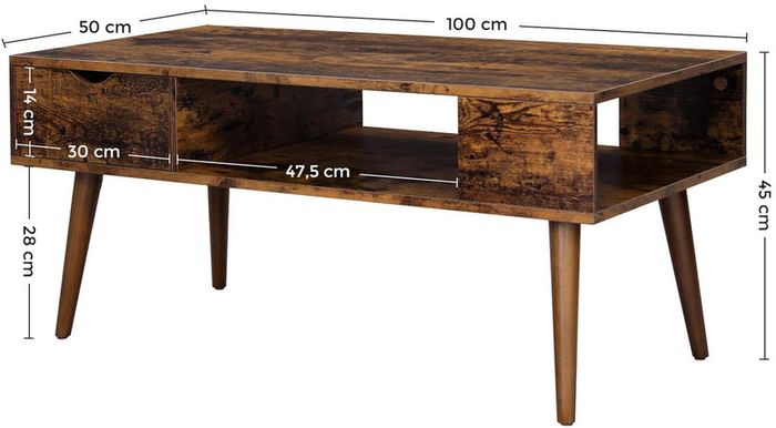 Coffee Table with Storage Drawer, Open Compartment for Living Room, Dining Room, 100 x 50 x 45 cm Vintage Brown