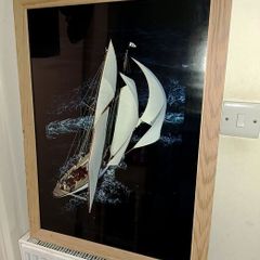 Large sailing boat picture in wooden frame