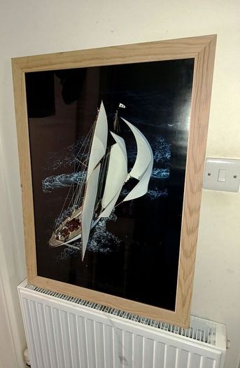 Large sailing boat picture in wooden frame