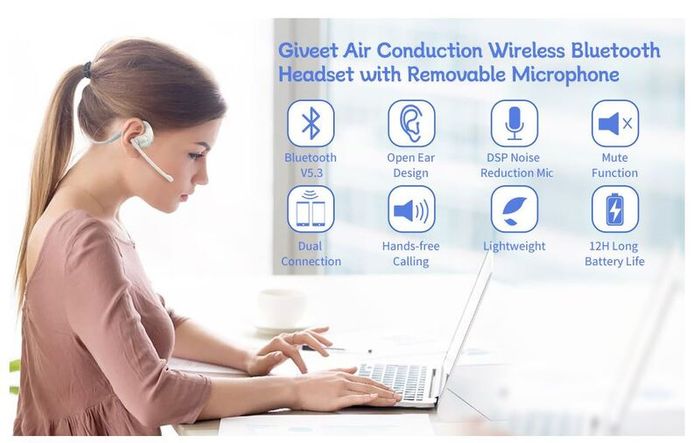 Giveet Bluetooth 5.3 Headset with Detachable Microphone, Wireless Headset w/DSP Noise Cancelling Mic for Phone PC Laptop, Open Ear Comfort Headphones for Office Home Working Driving Running, 12 Hrs