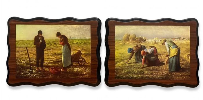 Pair Vintage Millet Farm Prints on Wood Plaque - The Angelus & The Gleaners