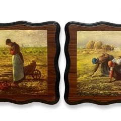Pair Vintage Millet Farm Prints on Wood Plaque - The Angelus & The Gleaners
