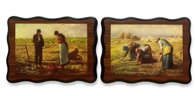 Pair Vintage Millet Farm Prints on Wood Plaque - The Angelus & The Gleaners