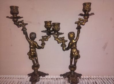 Vintage French Double Brass Boy Cherub Angel Candlestick Candle Holder