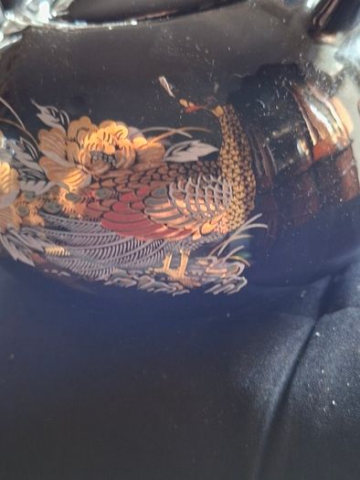 Chinese Porcelain Teapot peacock and floral patterns with gold black braided wicker or bamboo style handle, Postage Available or Collection