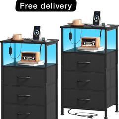 3 Drawers Chest of Drawers for Bedroom with Charging Station and LED Light,