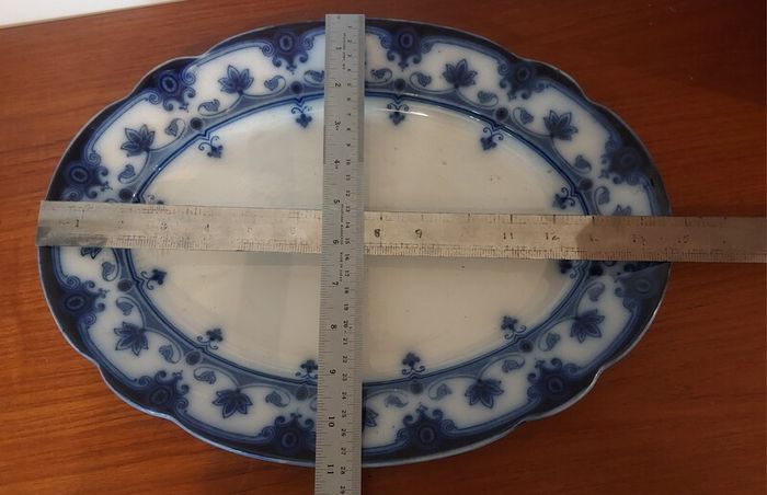 Fabulous Pair of Antique Flow Blue Victorian Graduated Platters, "Dudley" Pattern, by Ford & Sons, Burslem, Stoke-on-Trent, Circa 1893-1908, Perfect for Display