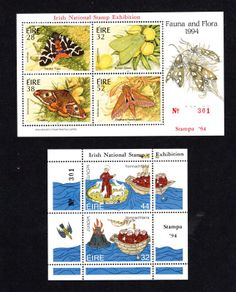1994 Ireland Stampa Members & Public Souvenir (Matching pair No. 301) Moths  Fauna & Flora Commemorative Stamps Miniature Sheet (red overprint) & Europa Commemorative Stamps Miniature Sheet (black overprint)  Overprinted for Stampa Mint Never 