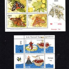 1994 Ireland Stampa Members & Public Souvenir (Matching pair No. 301) Moths  Fauna & Flora Commemorative Stamps Miniature Sheet (red overprint) & Europa Commemorative Stamps Miniature Sheet (black overprint)  Overprinted for Stampa Mint Never 