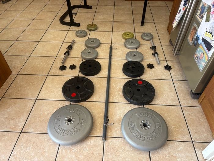 Cheap, Weight Bench, 50kg Weights, Barbell+ 2 X Dumbbells!