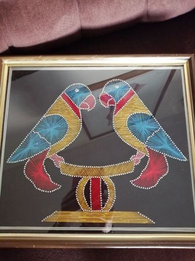 Good sized Vintage Framed String Art Two Love Birds
