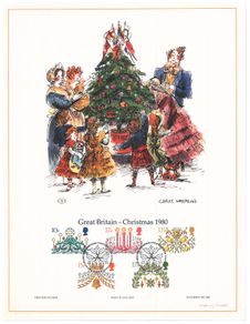 1980 Great Britain Limited Edition Lithographed Print measuring 333mm X 257mm showing Christmas Commemorative stamps with First Day of Issue Cancel