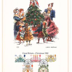 1980 Great Britain Limited Edition Lithographed Print measuring 333mm X 257mm showing Christmas Commemorative stamps with First Day of Issue Cancel