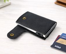 Premium Genuine Leather Smart Card Holder Wallet RFID Blocking Slim Wallet with Pop-Up Card Case