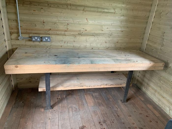 Large work bench with cast iron legs