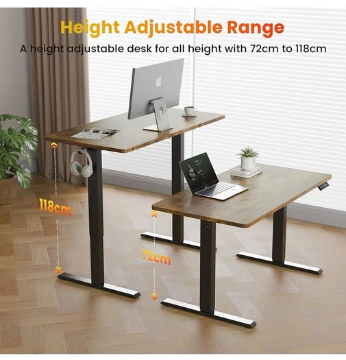 Electric Standing Desk, 120 x 60 cm, Rustic Brown Height Adjustable Desk, 2 Hooks, 4 Memory Heights, 72-118cm, Splice Board, Ergonomic Sit Stand Computer Desk for Home Office