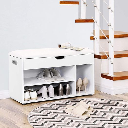 Shoe bench with seat cushion, 3 compartments chest, bench for shoe storage with seat, 2 steps, hall furniture, white maximum load capacity 150 kg