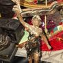 A Pair of Antique French Spelter Statues titled La Force (The Strength) and Le Pouvoir (The Power). The feature a male and female figure standing a top lions, raising up flaming torches Image 2