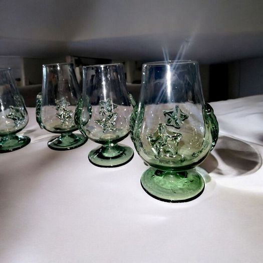 6 Unique handblown green glass set