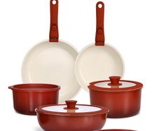 Pans Set Non Stick,11PCS Granite Nonstick Cookware Sets with Detachable Handle,Induction Kitchen Set Removable Handle,RV Cookware Set,PFAS PFOA Free,Oven Safe(Red Gradient,11PCS