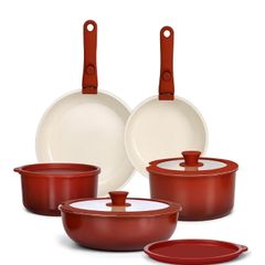 Pans Set Non Stick,11PCS Granite Nonstick Cookware Sets with Detachable Handle,Induction Kitchen Set Removable Handle,RV Cookware Set,PFAS PFOA Free,Oven Safe(Red Gradient,11PCS