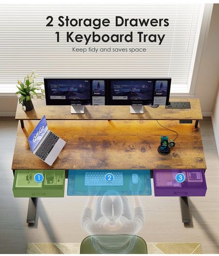 Standing Desk with Keyboard Tray & Storage Drawers, 120cm Height Adjustable Desk with Monitor Stand, LED Lights, Power Outlet and USB Ports for Home Office, Rustic Brown