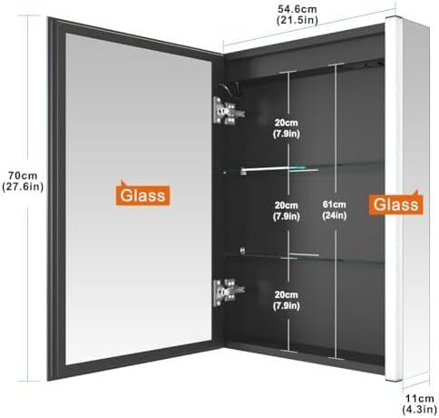 55 x 70 cm Left Hinge Aluminum LED Bathroom Medicine Cabinet with Mirror | Light Adjustment, Anti-Fog, High Capacity, Easy to Install