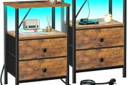 Night Stand Set 2, LED Nightstand with Charging Station, End Tables with Storage Shelf, Bedside Table with 2 Fabric Drawers for Bedroom, Small Spaces