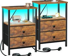 Night Stand Set 2, LED Nightstand with Charging Station, End Tables with Storage Shelf, Bedside Table with 2 Fabric Drawers for Bedroom, Small Spaces