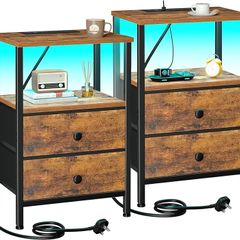 Night Stand Set 2, LED Nightstand with Charging Station, End Tables with Storage Shelf, Bedside Table with 2 Fabric Drawers for Bedroom, Small Spaces
