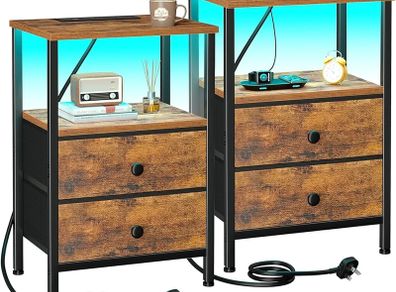 Night Stand Set 2, LED Nightstand with Charging Station, End Tables with Storage Shelf, Bedside Table with 2 Fabric Drawers for Bedroom, Small Spaces