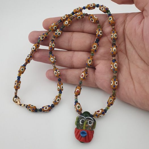 Vintage Venetain Style delicate Dotted Glass Beads & Old Face Glass Pendant Necklace