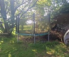 FREE 12ft trampoline to take away. Needs a clean, net is good but a few clips on the bottom are broken. Few coin size holes in trampoline mat. A few of the screws to hold the steel uprights are missing, currently using zip ties. Must go all together, pick
