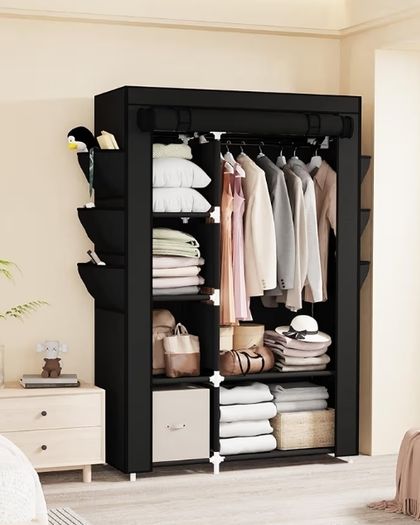 Fabric Wardrobe, 45 x 107 x 161 cm Portable Wardrobe, Foldable Closets with 6 Side Pockets, Black Closet for Bedroom,Living Room & Dorm