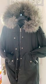 River Island Grey 3/4 length coat with fur on hood and inside