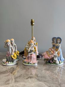 Pre Owned Vintage Victorian Style Porcelain Figurine Table Lamp & Matching Ornaments / Statuettes Set