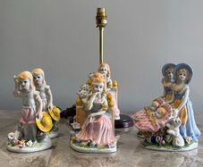 Pre Owned Vintage Victorian Style Porcelain Figurine Table Lamp & Matching Ornaments / Statuettes Set