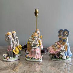 Pre Owned Vintage Victorian Style Porcelain Figurine Table Lamp & Matching Ornaments / Statuettes Set