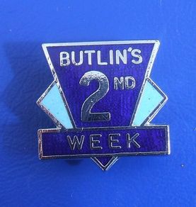 BUTLINS 2nd WEEK (Butlin's holiday camps) - resident camper's enamel badge - Art Deco style (1960's)