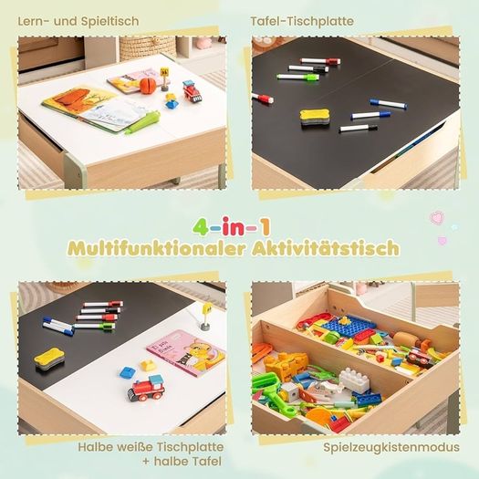 Kids Table with 2 Chairs, 3 Piece Wooden Furniture Set with Reversible  Removable Tabletop, Drawing Table with Storage, Elephant Shaped Childrens Seating Set for Ages 3 to 6