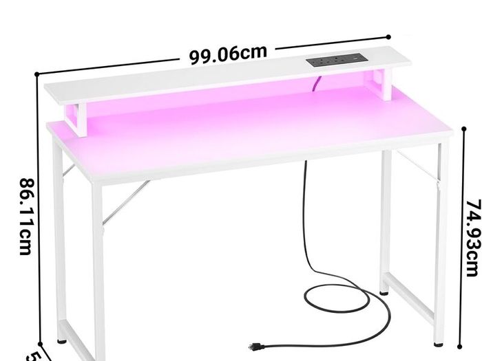 Computer Desk with Power Outlets & LED Lights, 100cm Gaming Desk with Monitor