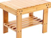 Bamboo Small Stool for Kids or Adults Foot Rest Shaving Step Stool with Storage Shelf Stable Anti Slip Wooden Bath Stool for Home Bathroom Bedside Nursery School