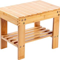 Bamboo Small Stool for Kids or Adults Foot Rest Shaving Step Stool with Storage Shelf Stable Anti Slip Wooden Bath Stool for Home Bathroom Bedside Nursery School
