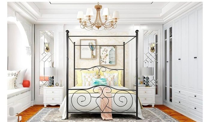 Double Canopy Bed Frame with Vintage Headboard & Footboard, Black 135x190cm Double Canopy Bed Frame, 4ft6 Heavy Duty Metal Bed, Heart Scroll Headboard & Footboard, Steel Slats for Bedrooms