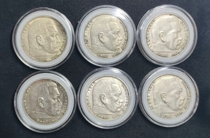 Complete Set - Germany 2 Reichsmark 1937 - All Mint Marks A,D,E,F,G,J