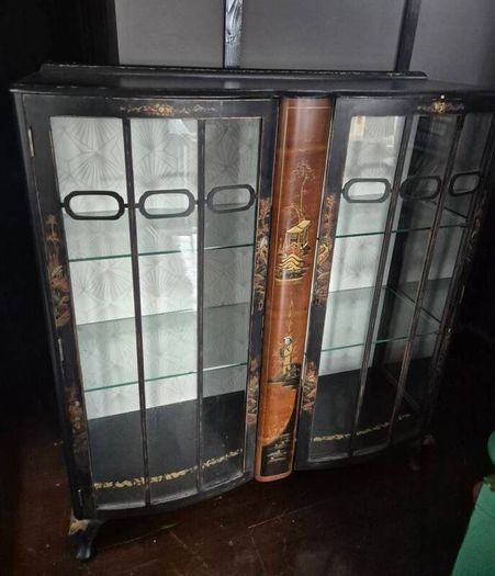 Vintage  Turnige Chinoiserie locking ebonised handpainted cabinet 3 tiers